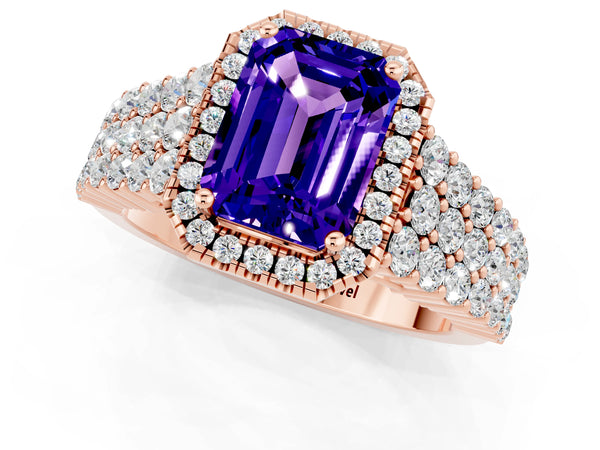 Rose gold Emerald Cut Tanzanite Halo Engagement Ring with Triple Row Round Pavé Band and Prong Setting