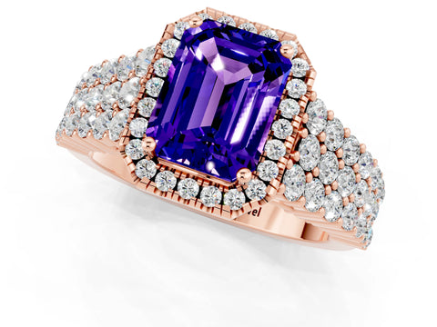 Rose gold Emerald Cut Halo Pavé Diamond Engagement Ring with Split Shank and Four-Prong Setting_1