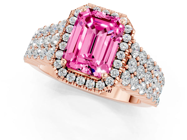 Rose gold Emerald Cut Pink Sapphire Halo Engagement Ring with Triple Row Round Pavé Band and Prong Setting