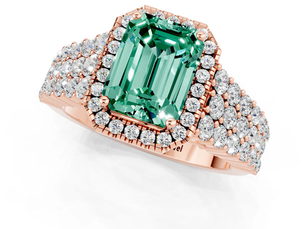 Rose gold Emerald Cut Green Sapphire Halo Engagement Ring with Triple Row Round Pavé Band and Prong Setting