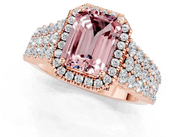 Rose gold Emerald Cut Halo Pavé Diamond Engagement Ring with Split Shank and Four-Prong Setting