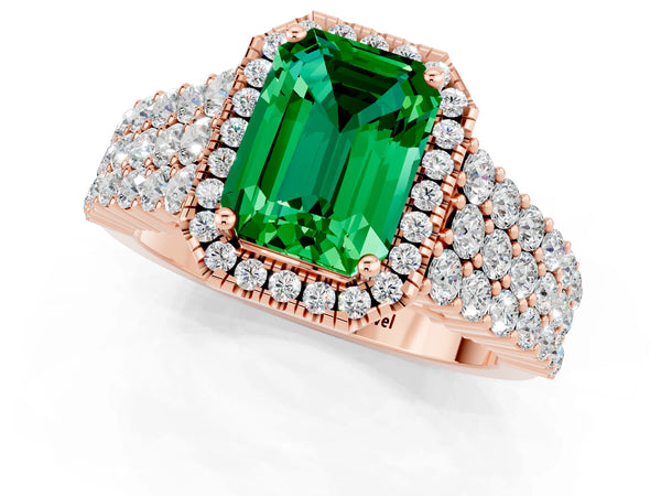 Rose gold Emerald Cut Emerald Halo Engagement Ring with Triple Row Round Pavé Band and Prong Setting