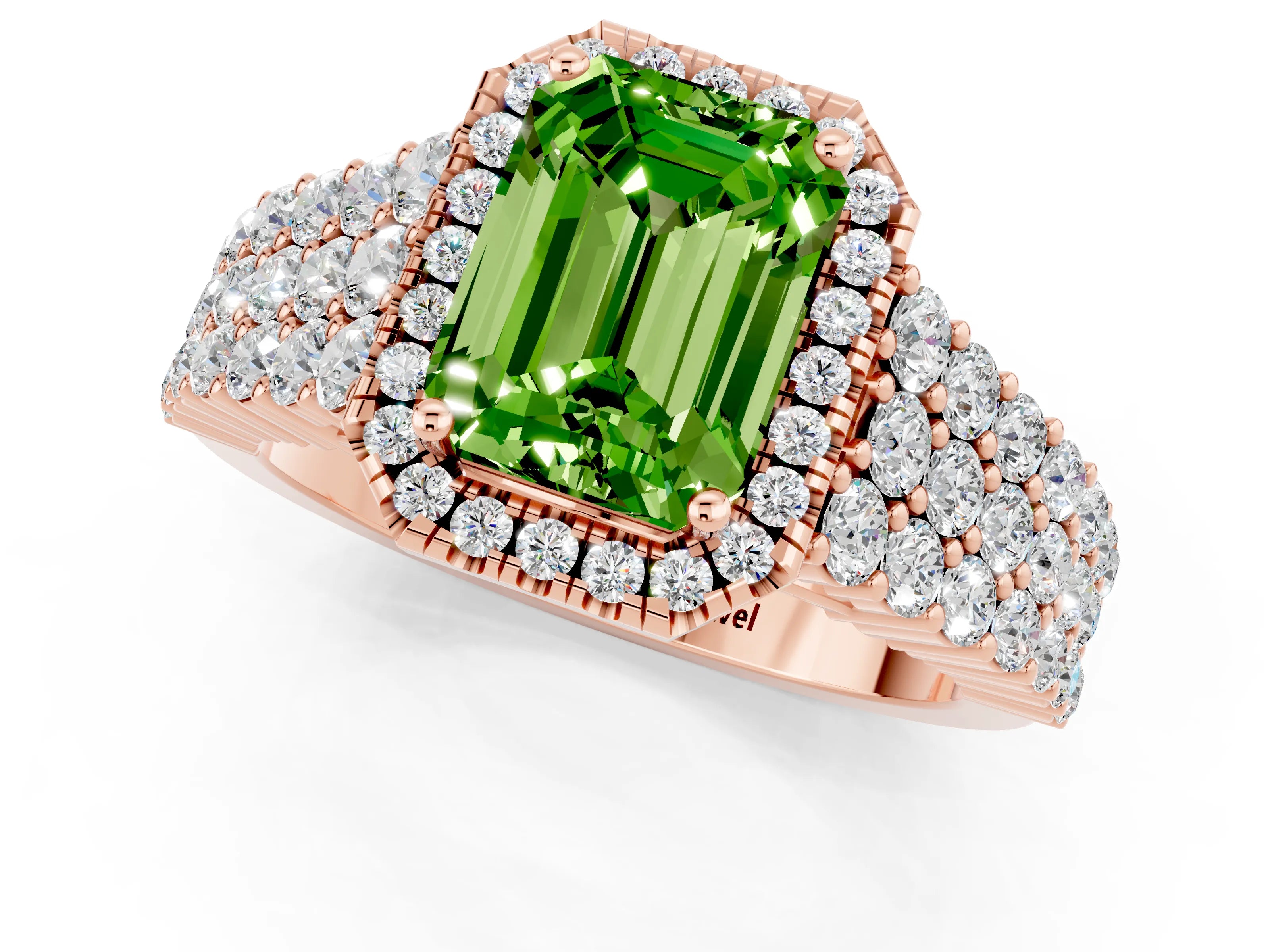 Rose gold Emerald Cut Halo Pavé Diamond Engagement Ring with Split Shank and Four-Prong Setting_1