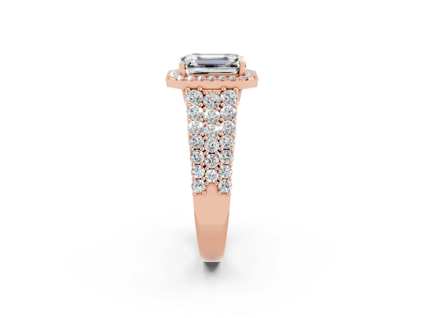 Rose gold Emerald Cut Moissanite Halo Engagement Ring with Triple Row Round Pavé Band and Prong Setting