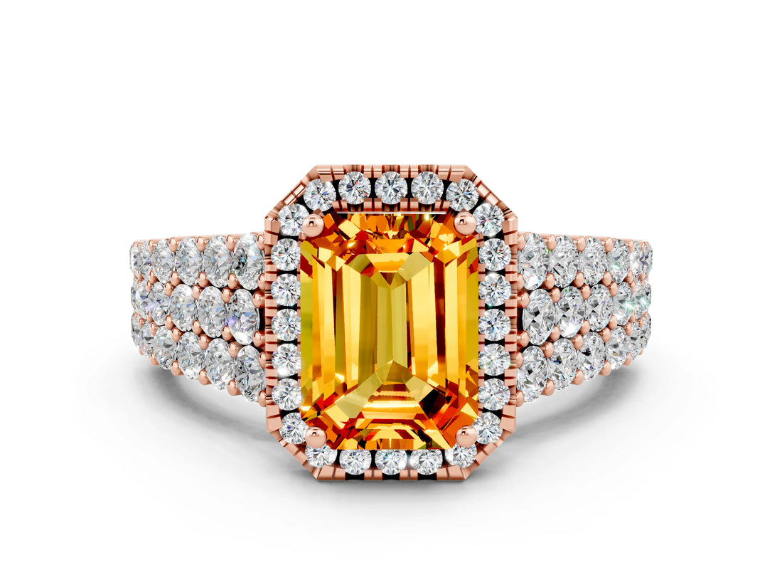 Rose gold Emerald Cut Halo Pavé Diamond Engagement Ring with Split Shank and Four-Prong Setting