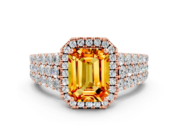 Rose gold Emerald Cut Citrine Halo Engagement Ring with Triple Row Round Pavé Band and Prong Setting