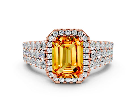 Rose gold Emerald Cut Halo Pavé Diamond Engagement Ring with Split Shank and Four-Prong Setting