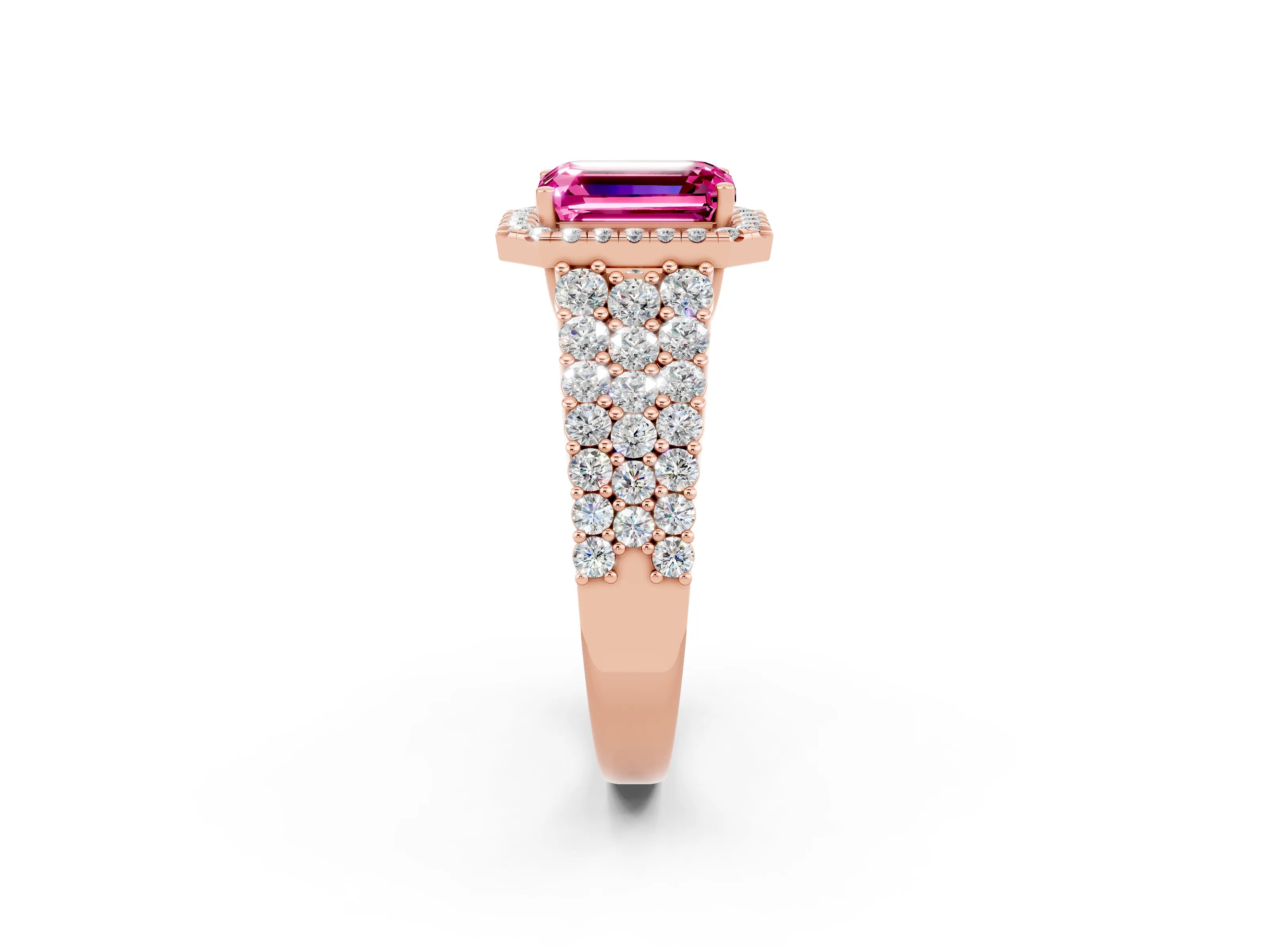 Rose gold Emerald Cut Halo Pavé Diamond Engagement Ring with Split Shank and Four-Prong Setting_2