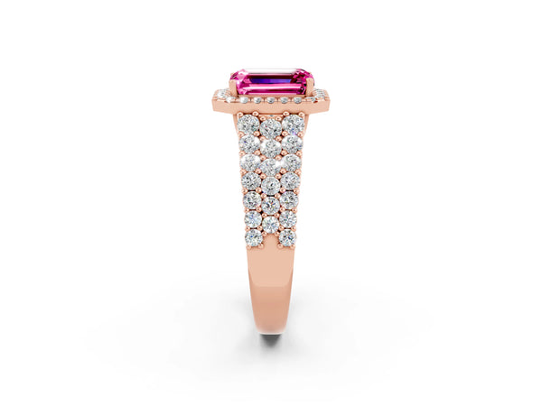 Rose gold Emerald Cut Pink Sapphire Halo Engagement Ring with Triple Row Round Pavé Band and Prong Setting