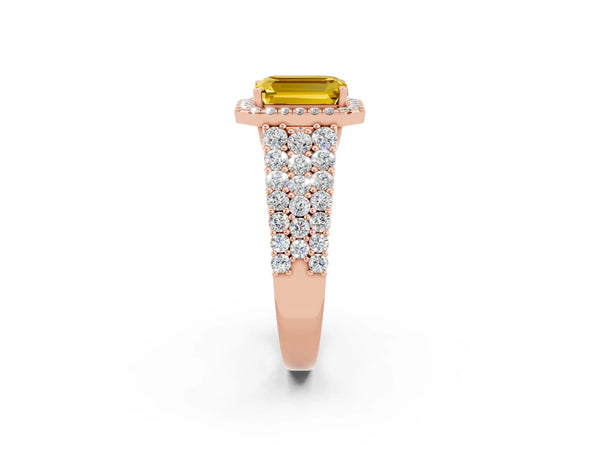Rose gold Emerald Cut Yellow Sapphire Halo Engagement Ring with Triple Row Round Pavé Band and Prong Setting
