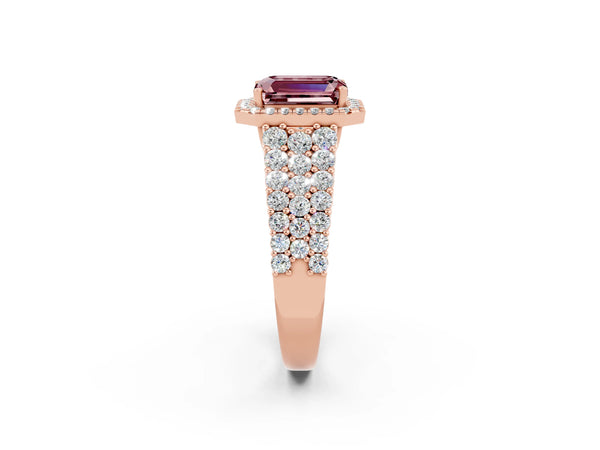 Rose gold Emerald Cut Halo Pavé Diamond Engagement Ring with Split Shank and Four-Prong Setting