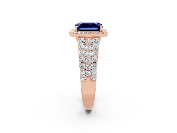 Rose gold Emerald Cut Blue Sapphire Halo Engagement Ring with Triple Row Round Pavé Band and Prong Setting