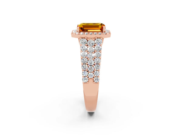 Rose gold Emerald Cut Citrine Halo Engagement Ring with Triple Row Round Pavé Band and Prong Setting