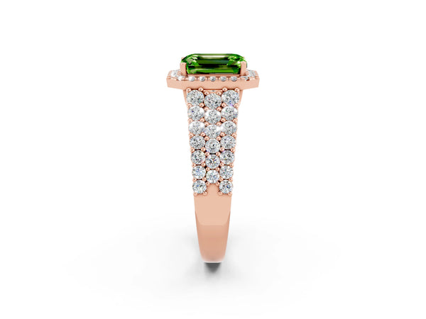 Rose gold Emerald Cut Halo Pavé Diamond Engagement Ring with Split Shank and Four-Prong Setting