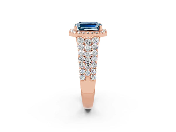 Rose gold Emerald Cut Aquamarine Halo Engagement Ring with Triple Row Round Pavé Band and Prong Setting