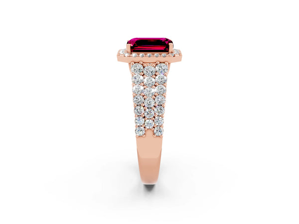 Rose gold Emerald Cut Garnet Halo Engagement Ring with Triple Row Round Pavé Band and Prong Setting