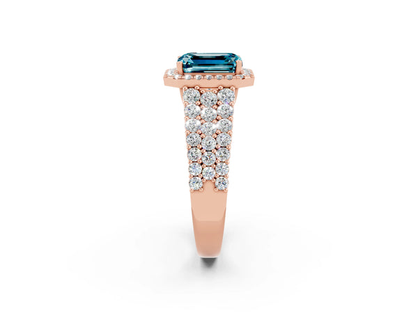 Rose gold Emerald Cut Halo Pavé Diamond Engagement Ring with Split Shank and Four-Prong Setting