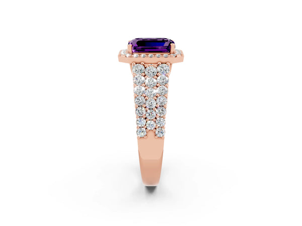 Rose gold Emerald Cut Amethyst Halo Engagement Ring with Triple Row Round Pavé Band and Prong Setting