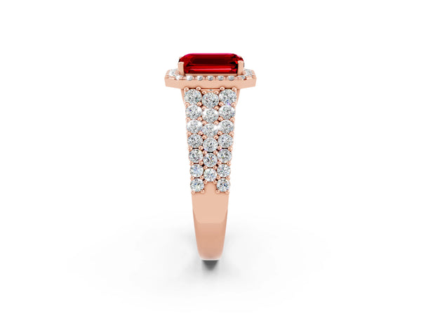 Rose gold Emerald Cut Halo Pavé Diamond Engagement Ring with Split Shank and Four-Prong Setting