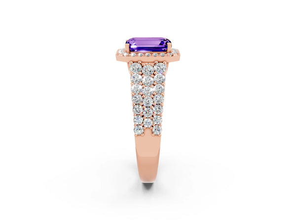 Rose gold Emerald Cut Tanzanite Halo Engagement Ring with Triple Row Round Pavé Band and Prong Setting