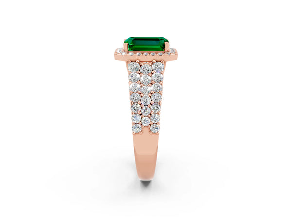 Rose gold Emerald Cut Emerald Halo Engagement Ring with Triple Row Round Pavé Band and Prong Setting