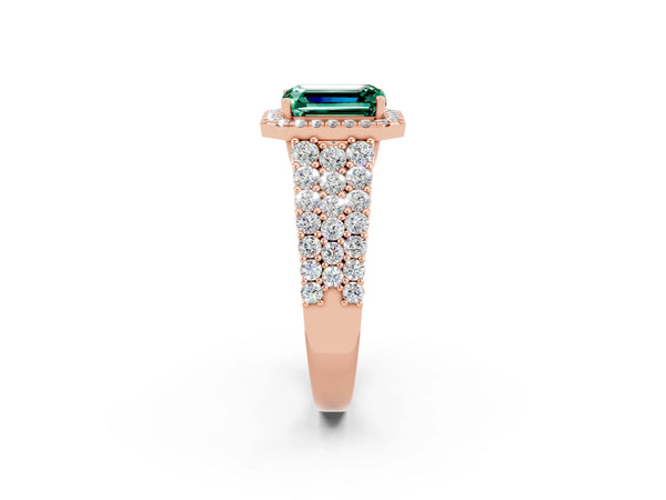 Rose gold Emerald Cut Green Sapphire Halo Engagement Ring with Triple Row Round Pavé Band and Prong Setting