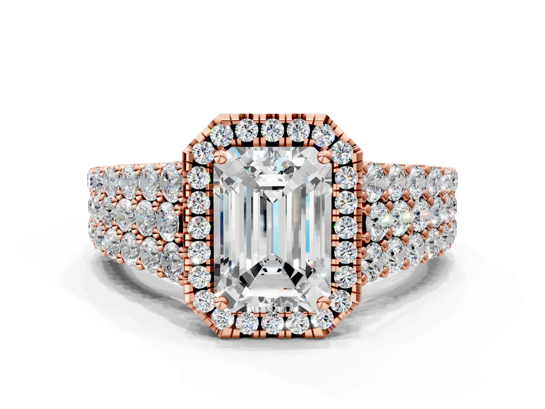 Rose gold Emerald Cut Halo Pavé Diamond Engagement Ring with Split Shank and Four-Prong Setting_3