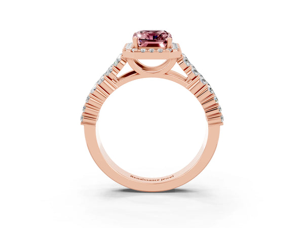 Rose gold Emerald Cut Halo Pavé Diamond Engagement Ring with Split Shank and Four-Prong Setting