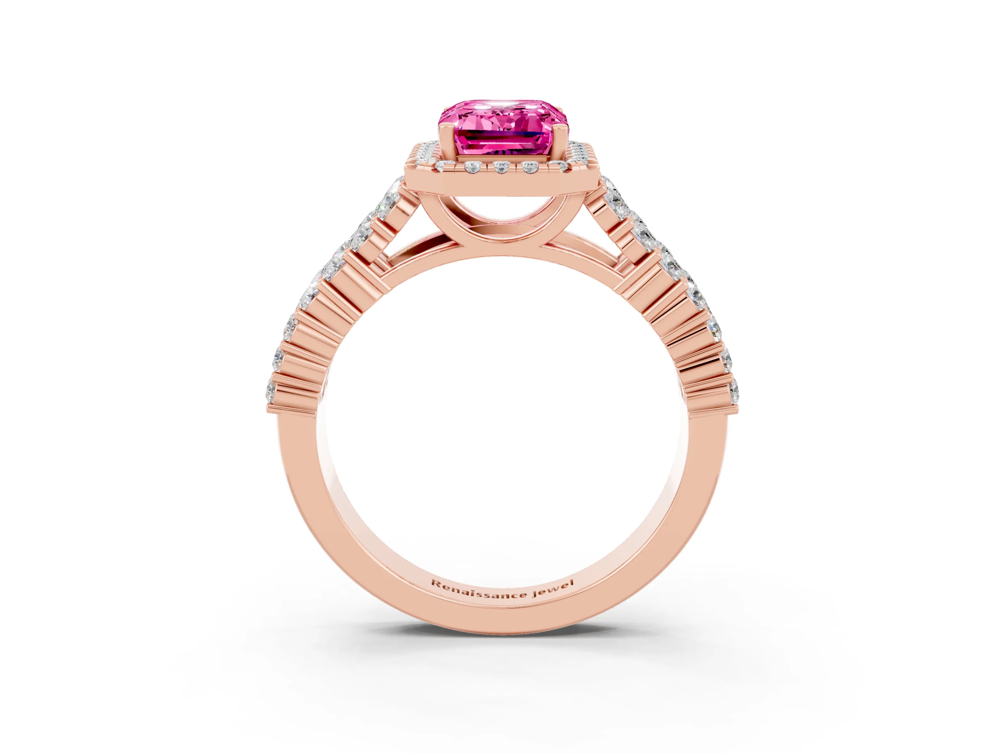 Rose gold Emerald Cut Halo Pavé Diamond Engagement Ring with Split Shank and Four-Prong Setting_3