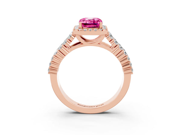 Rose gold Emerald Cut Pink Sapphire Halo Engagement Ring with Triple Row Round Pavé Band and Prong Setting