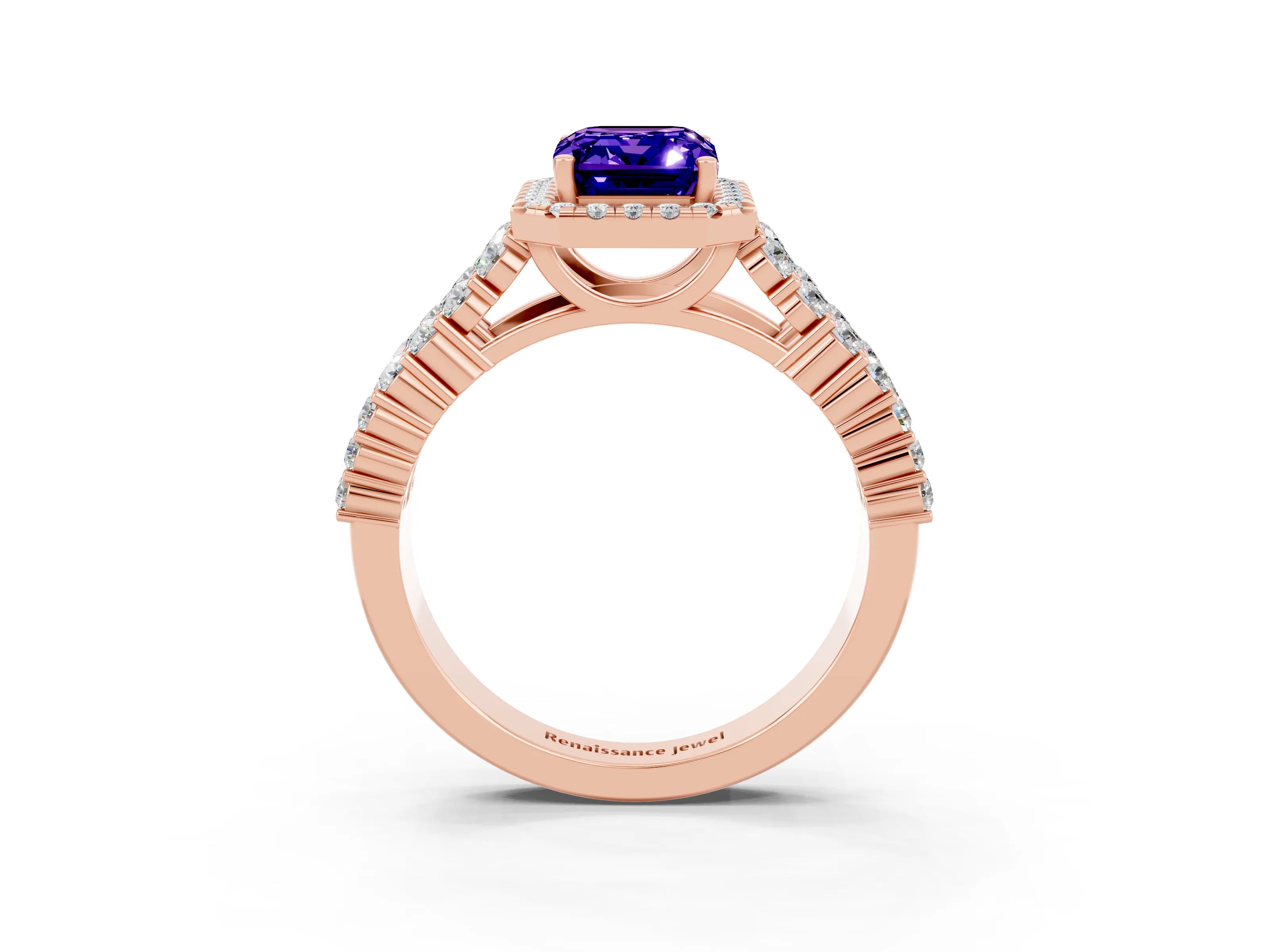 Rose gold Emerald Cut Halo Pavé Diamond Engagement Ring with Split Shank and Four-Prong Setting_3