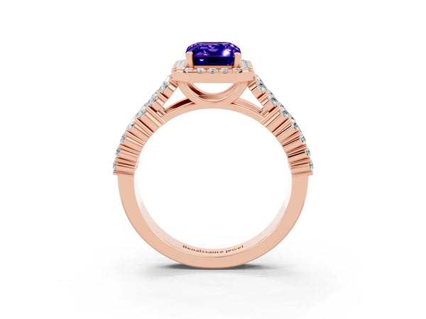 Rose gold Emerald Cut Tanzanite Halo Engagement Ring with Triple Row Round Pavé Band and Prong Setting