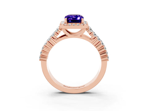 Rose gold Emerald Cut Halo Pavé Diamond Engagement Ring with Split Shank and Four-Prong Setting_3
