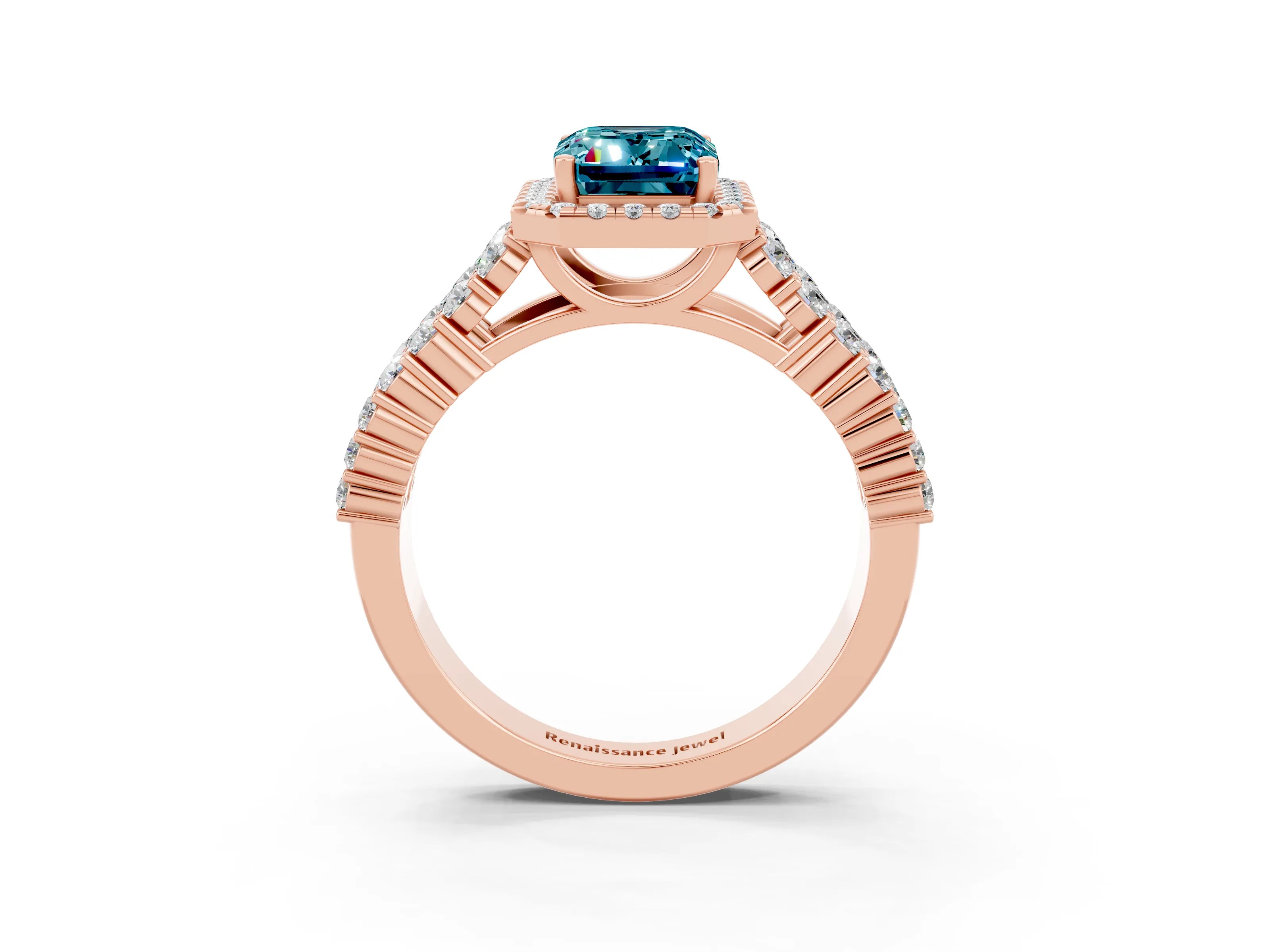 Rose gold Emerald Cut Halo Pavé Diamond Engagement Ring with Split Shank and Four-Prong Setting_3
