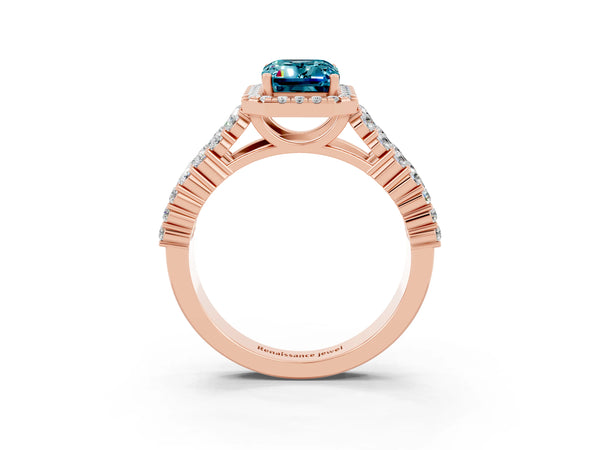 Rose gold Emerald Cut Halo Pavé Diamond Engagement Ring with Split Shank and Four-Prong Setting