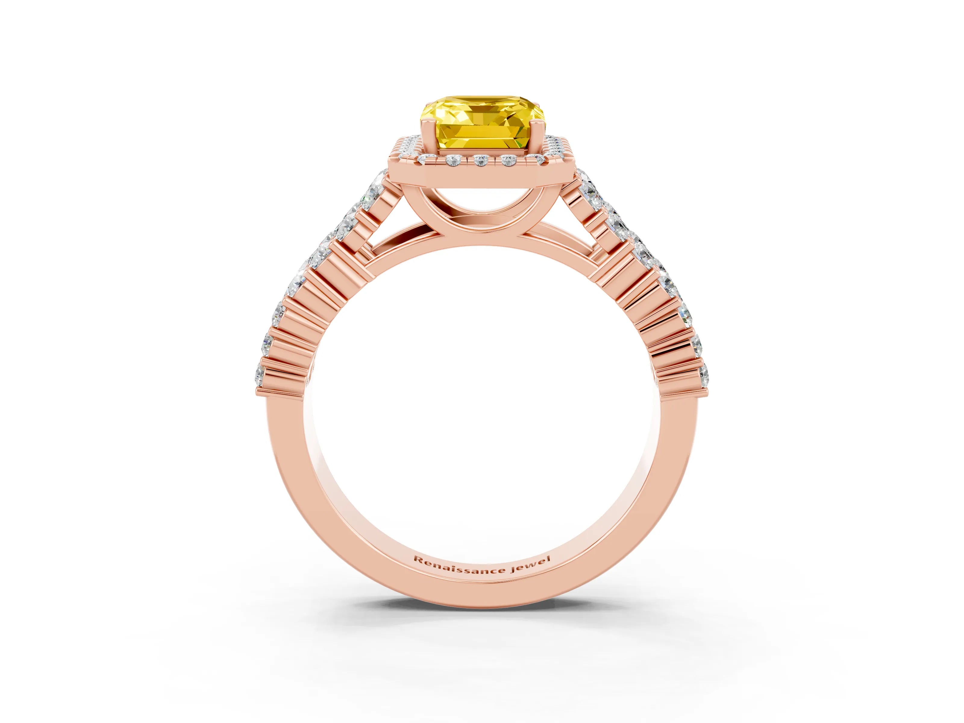 Rose gold Emerald Cut Halo Pavé Diamond Engagement Ring with Split Shank and Four-Prong Setting_3