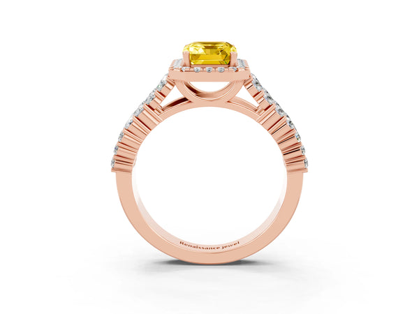 Rose gold Emerald Cut Yellow Sapphire Halo Engagement Ring with Triple Row Round Pavé Band and Prong Setting
