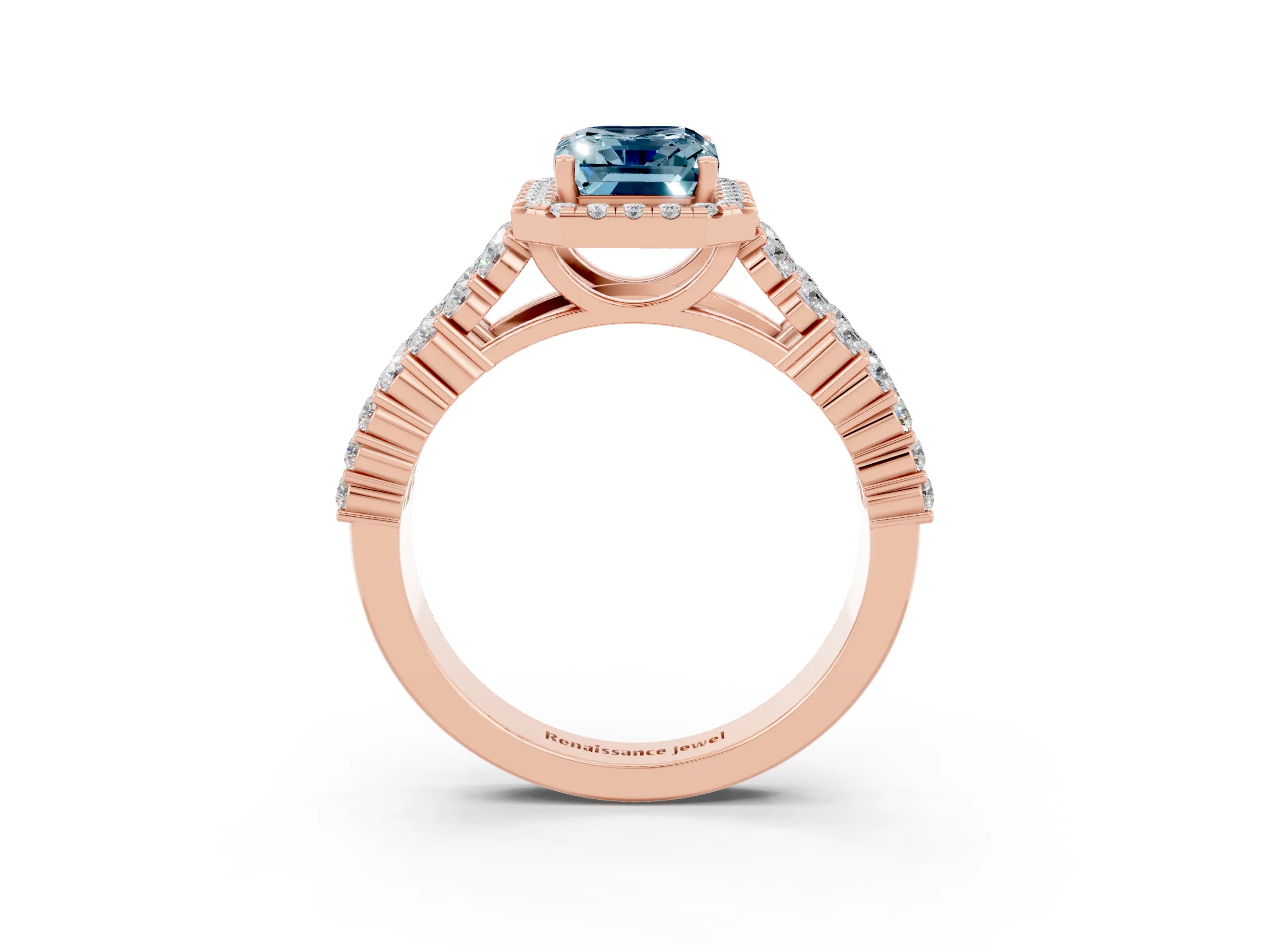 Rose gold Emerald Cut Halo Pavé Diamond Engagement Ring with Split Shank and Four-Prong Setting_3
