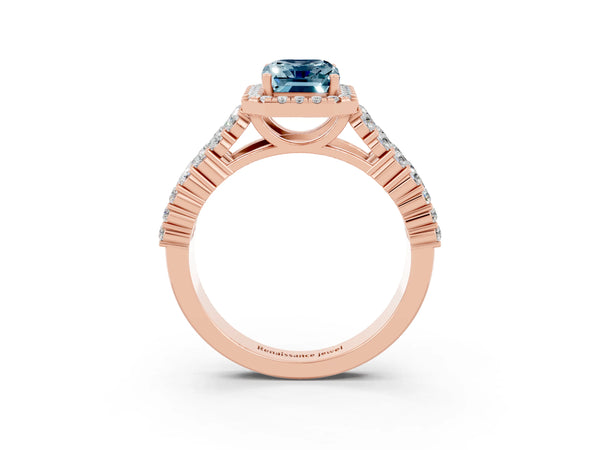 Rose gold Emerald Cut Aquamarine Halo Engagement Ring with Triple Row Round Pavé Band and Prong Setting