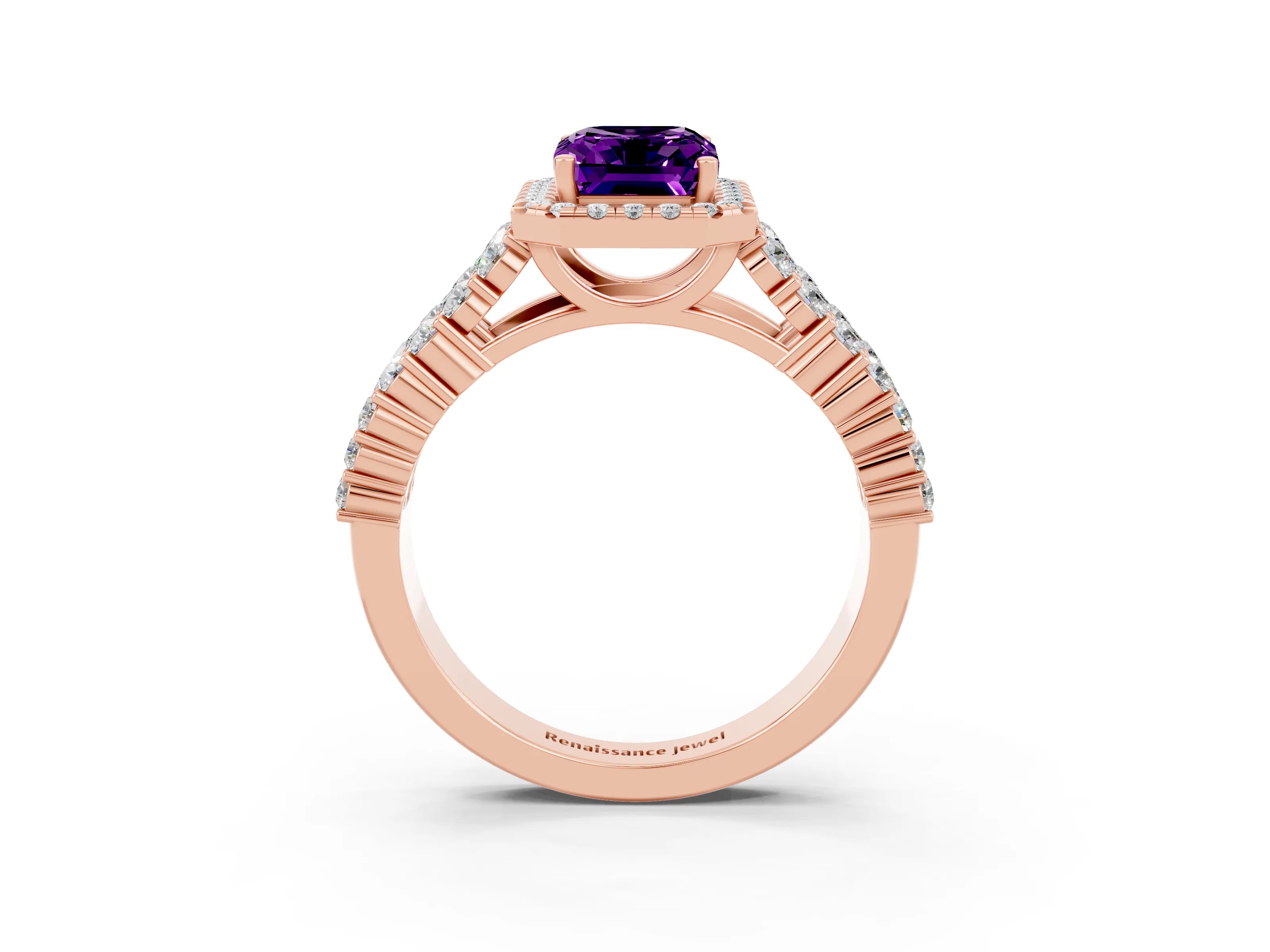 Rose gold Emerald Cut Halo Pavé Diamond Engagement Ring with Split Shank and Four-Prong Setting_3
