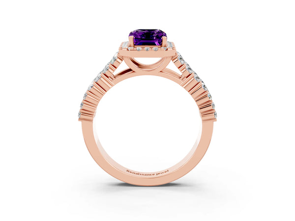 Rose gold Emerald Cut Amethyst Halo Engagement Ring with Triple Row Round Pavé Band and Prong Setting