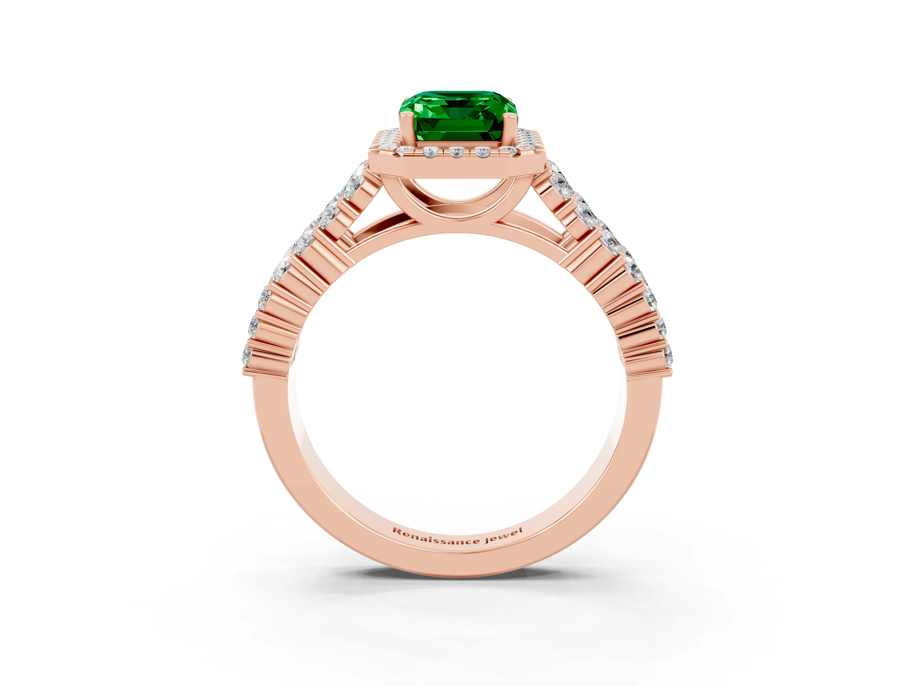 Rose gold Emerald Cut Halo Pavé Diamond Engagement Ring with Split Shank and Four-Prong Setting_3