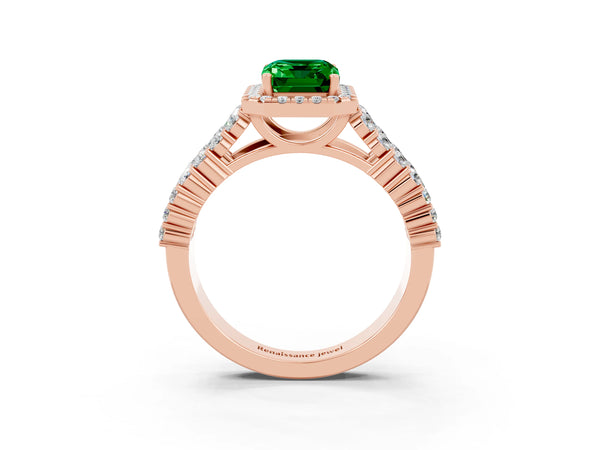 Rose gold Emerald Cut Emerald Halo Engagement Ring with Triple Row Round Pavé Band and Prong Setting