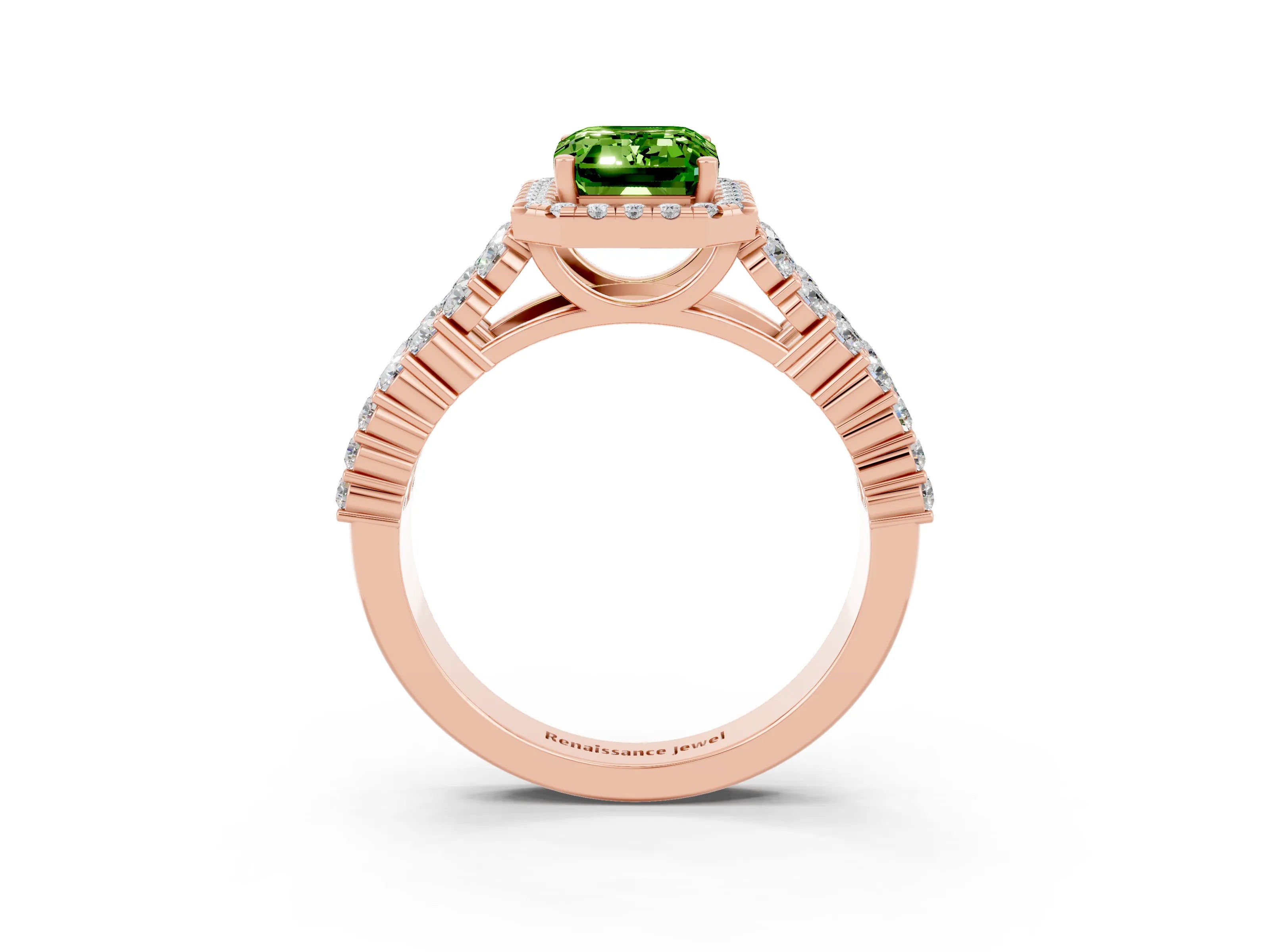 Rose gold Emerald Cut Halo Pavé Diamond Engagement Ring with Split Shank and Four-Prong Setting_3