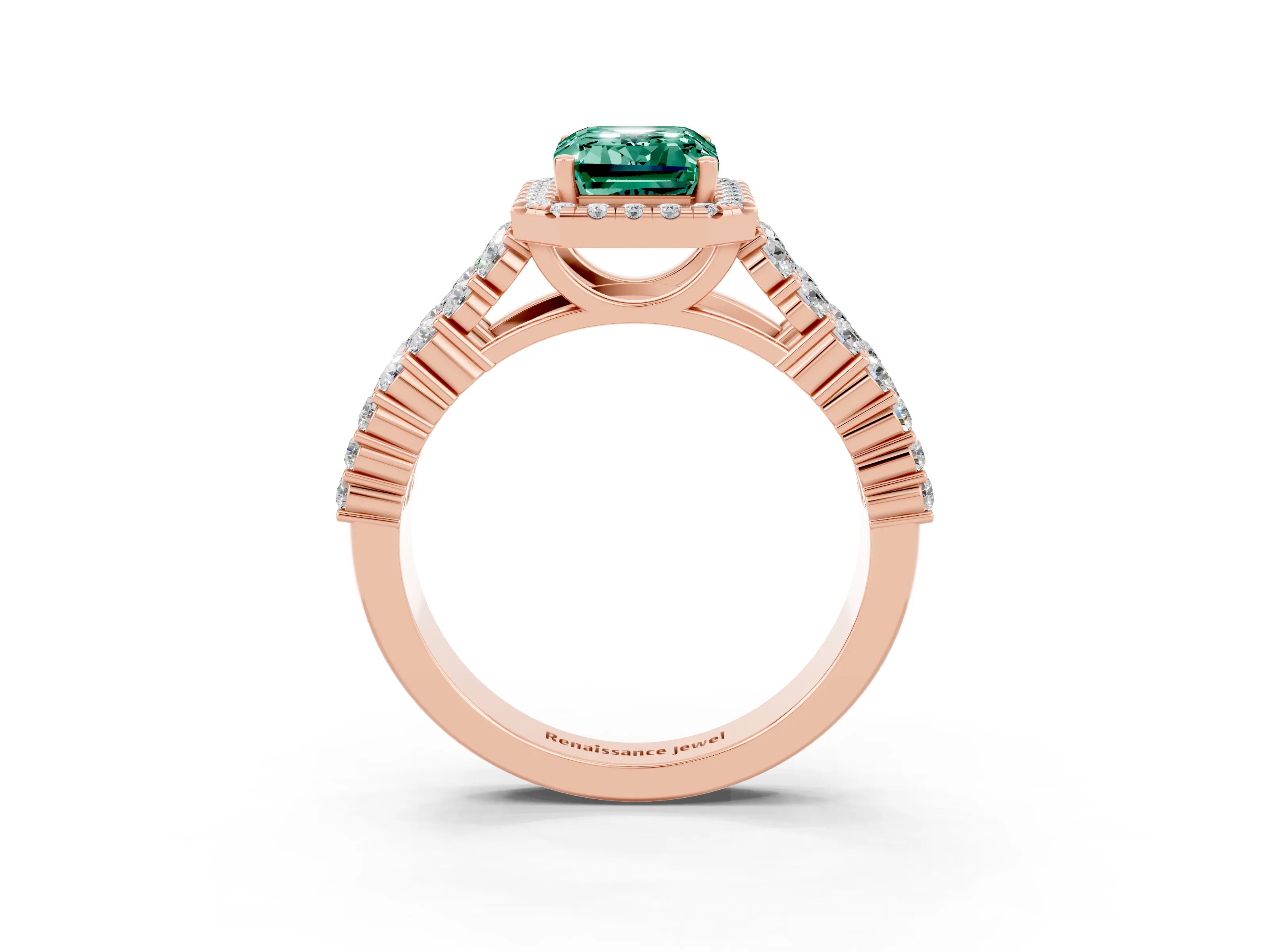 Rose gold Emerald Cut Halo Pavé Diamond Engagement Ring with Split Shank and Four-Prong Setting_3