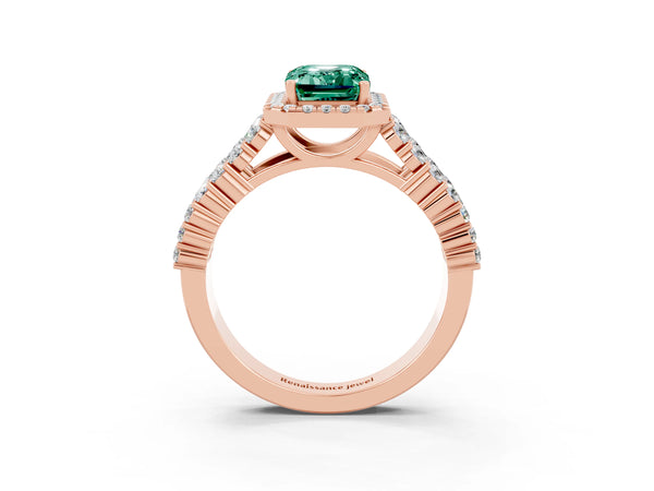 Rose gold Emerald Cut Green Sapphire Halo Engagement Ring with Triple Row Round Pavé Band and Prong Setting