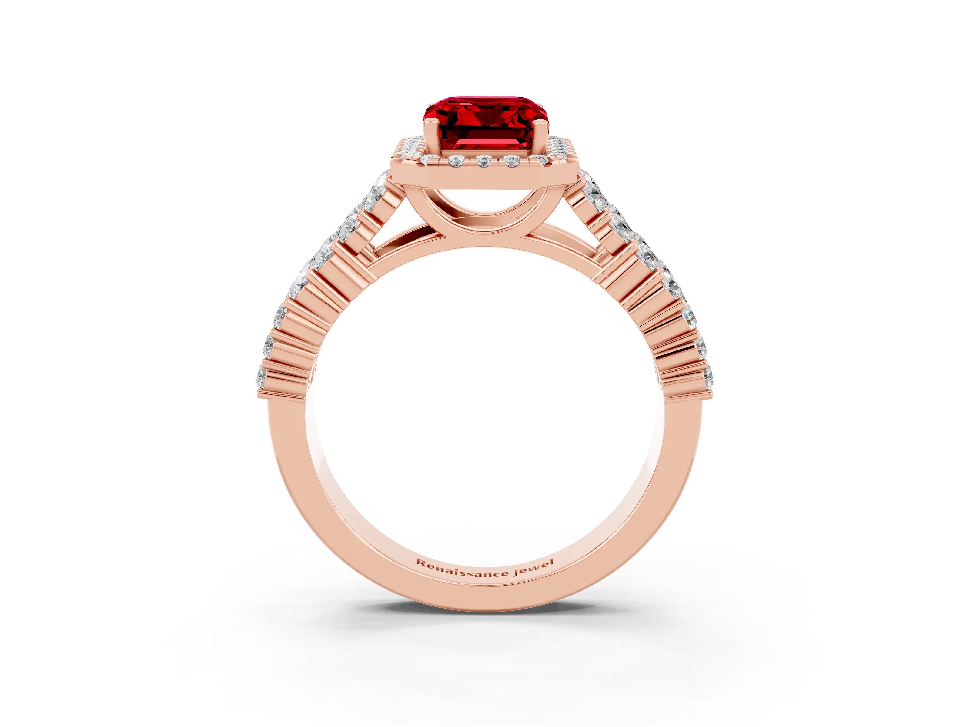 Rose gold Emerald Cut Halo Pavé Diamond Engagement Ring with Split Shank and Four-Prong Setting_3