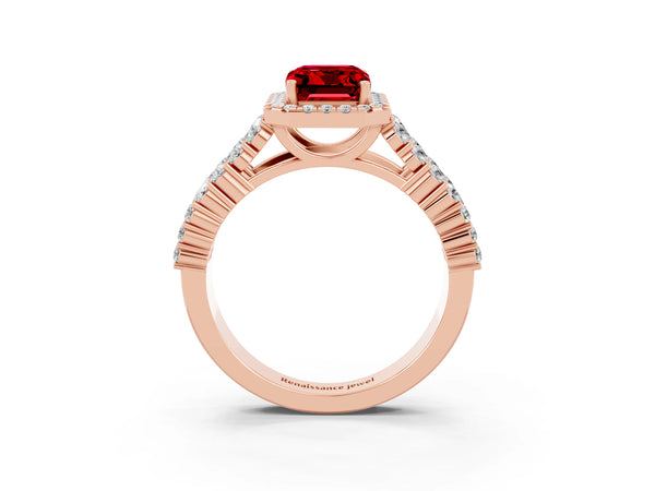 Rose gold Emerald Cut Halo Pavé Diamond Engagement Ring with Split Shank and Four-Prong Setting