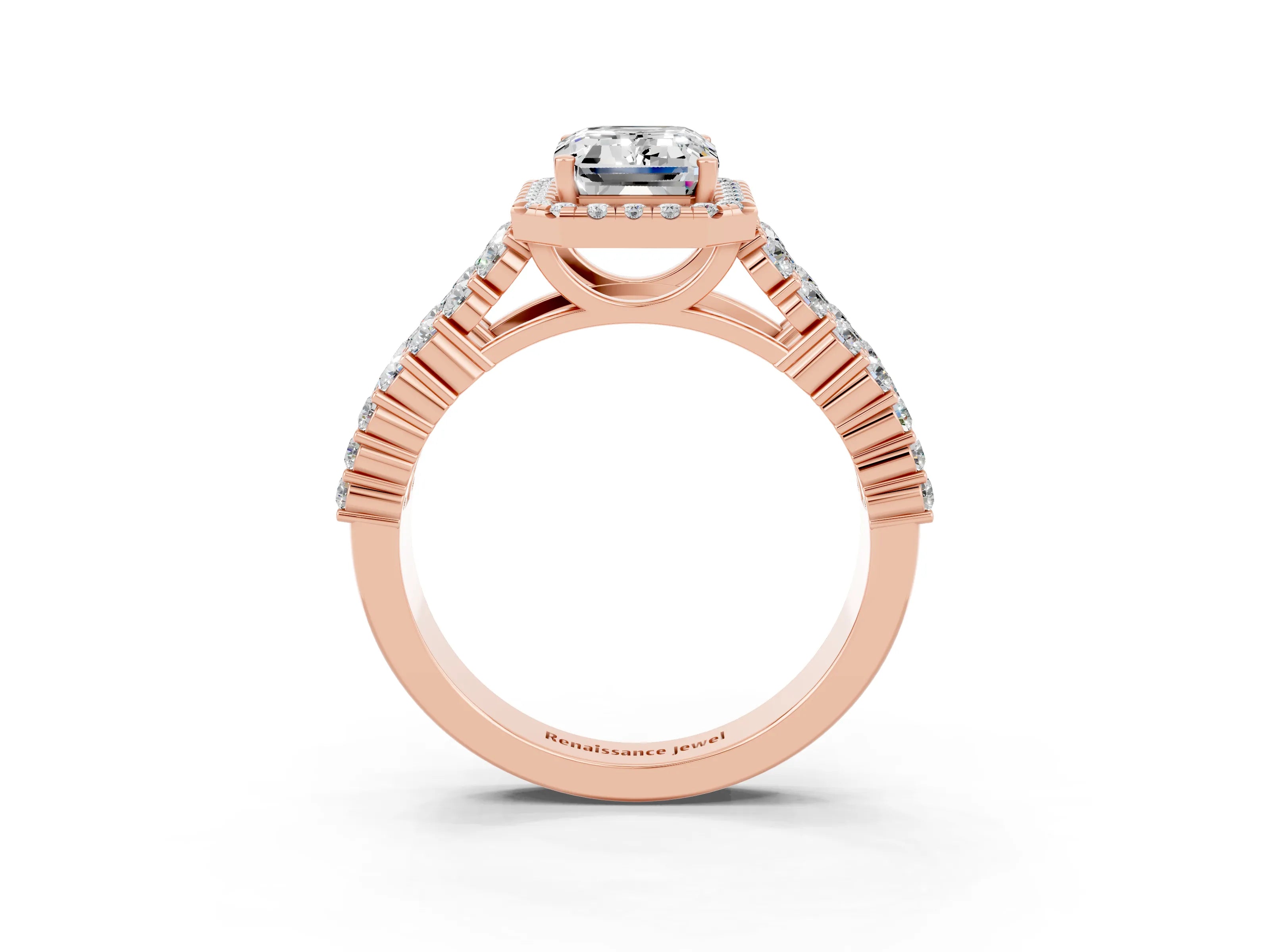 Rose gold Emerald Cut Halo Pavé Diamond Engagement Ring with Split Shank and Four-Prong Setting_3