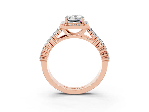 Rose gold Emerald Cut Moissanite Halo Engagement Ring with Triple Row Round Pavé Band and Prong Setting